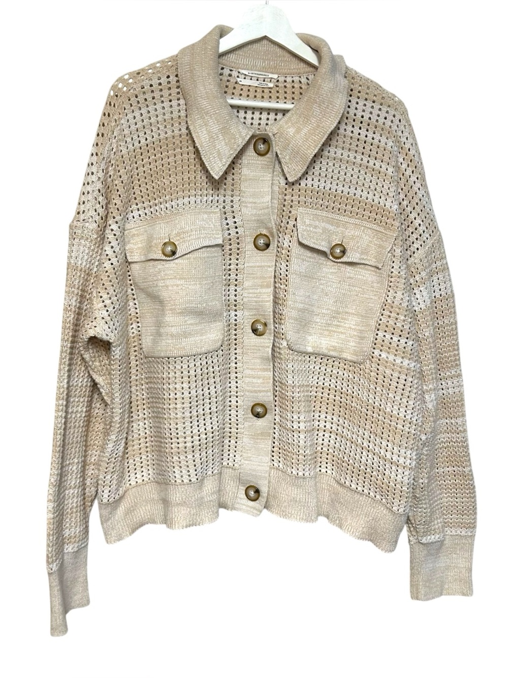 Anthropologie 2X Crocheted Pocket Collar Sweater Coat Sand Ivory Cardigan - Picture 4 of 16